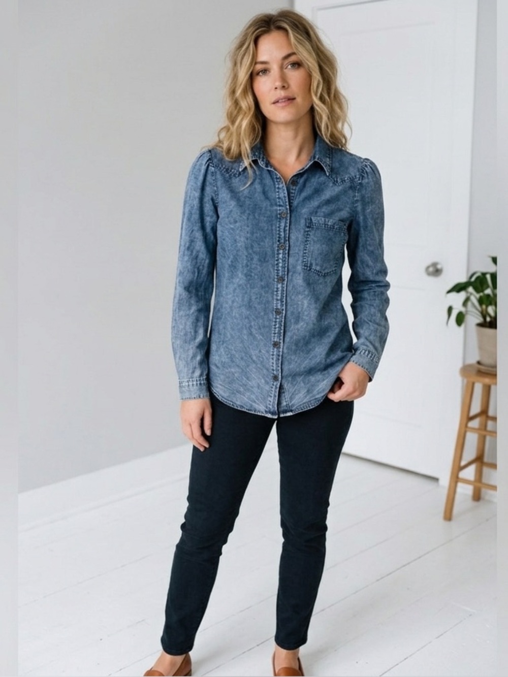 Denim Button Down Shirt with puff sleeves Medium